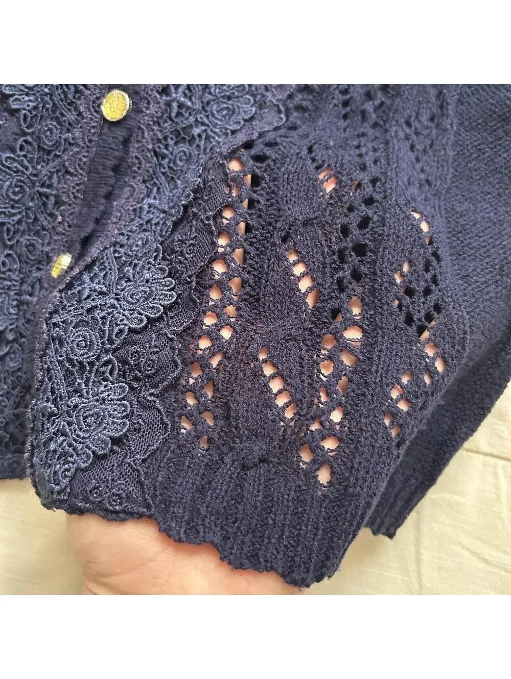 Axes Femme Navy Pointelle Lace Knit Cardigan Gold Buttons Medium Japan